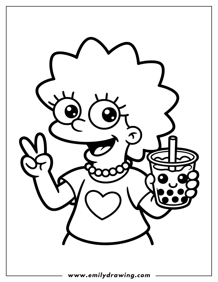 Line art of Lisa Simpson holding a boba drink and making a peace sign.