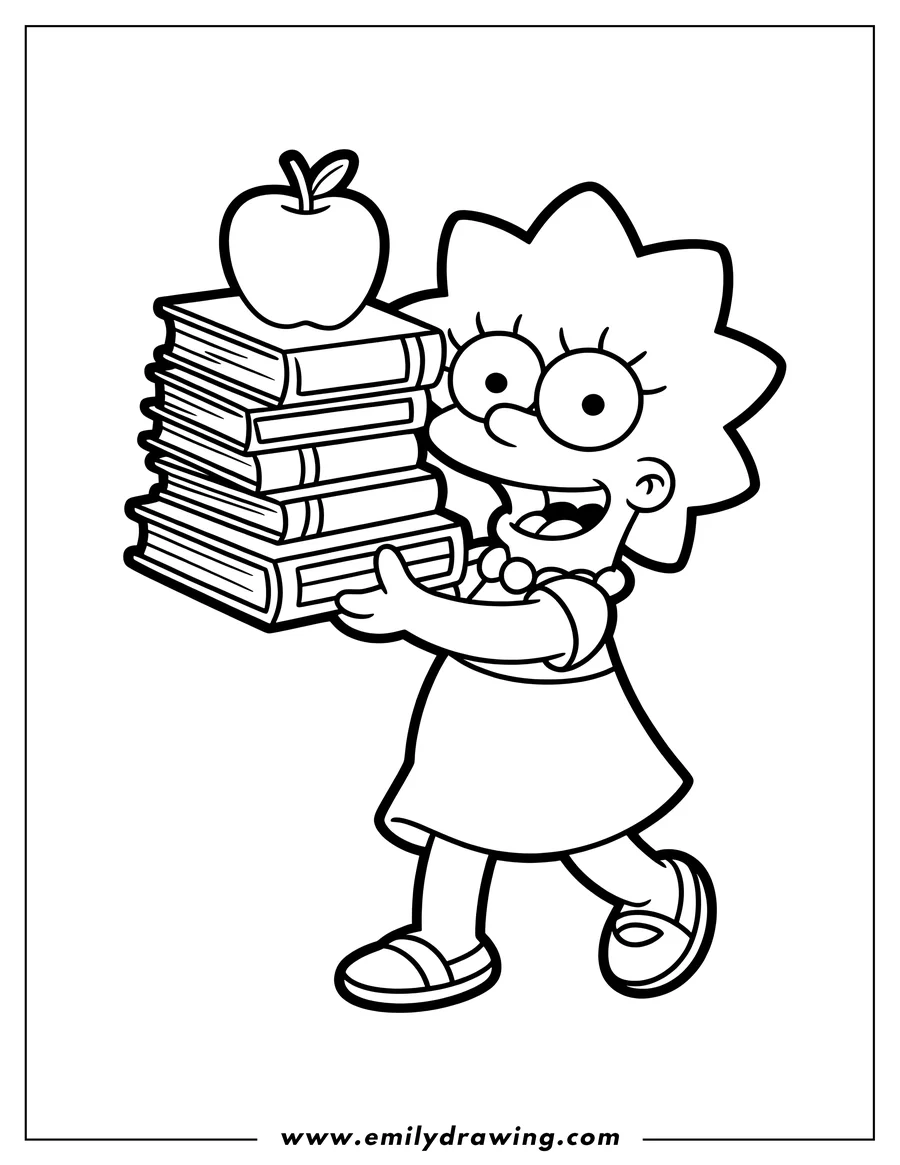 Line art of Lisa Simpson from The Simpsons carrying a stack of books with an apple on top.