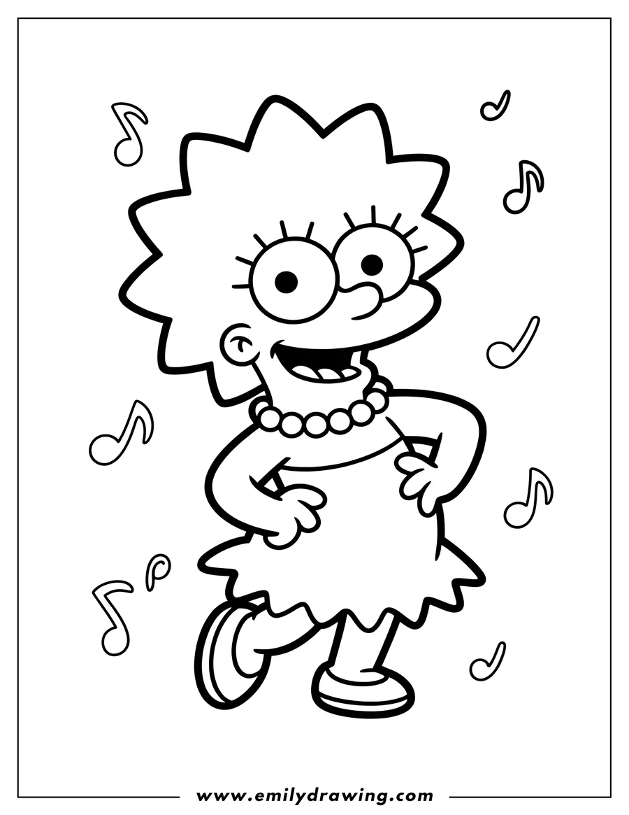 Line art of Lisa Simpson from The Simpsons, dancing with music notes around her.