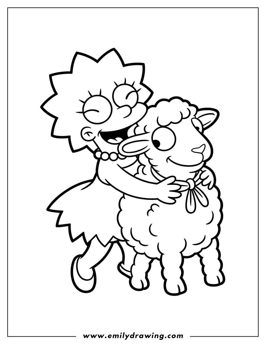 Lisa Simpson from The Simpsons hugging a lamb with a bow around its neck.