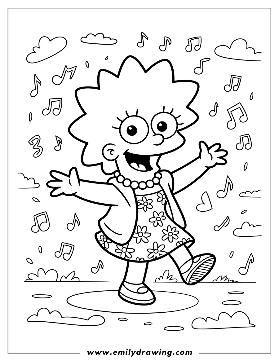 Lisa Simpson, wearing a floral dress and pearl necklace, dances joyfully surrounded by musical notes.