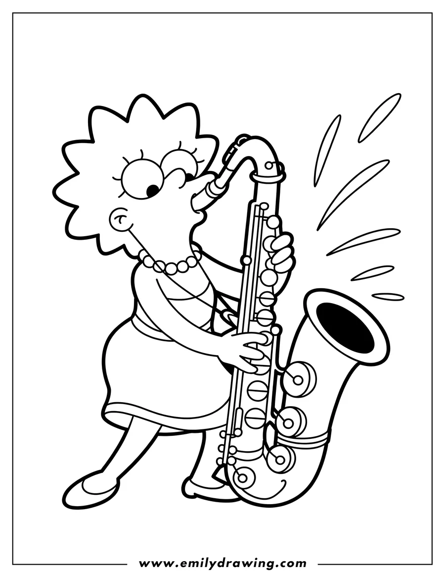 Lisa Simpson playing a saxophone. Musical notes float from the end of the instrument.