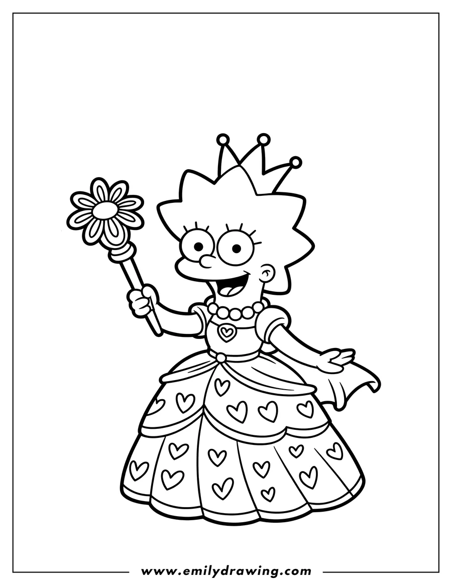 Line art of Lisa Simpson dressed as a princess, holding a flower wand and wearing a crown and heart-decorated gown.