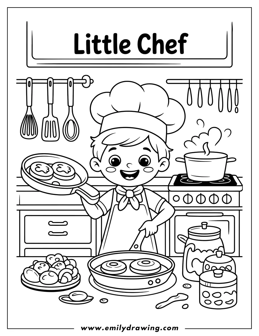 Line art of a cheerful young chef cooking pancakes in a kitchen. They are wearing a chef's hat and apron, and there are pans, utensils, and ingredients on the counter.