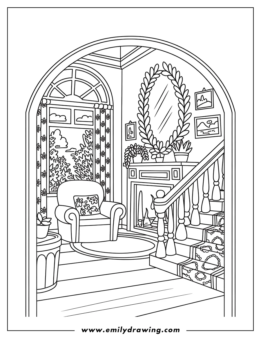 Outline of a cozy living room with a fireplace, armchair, window, and staircase.