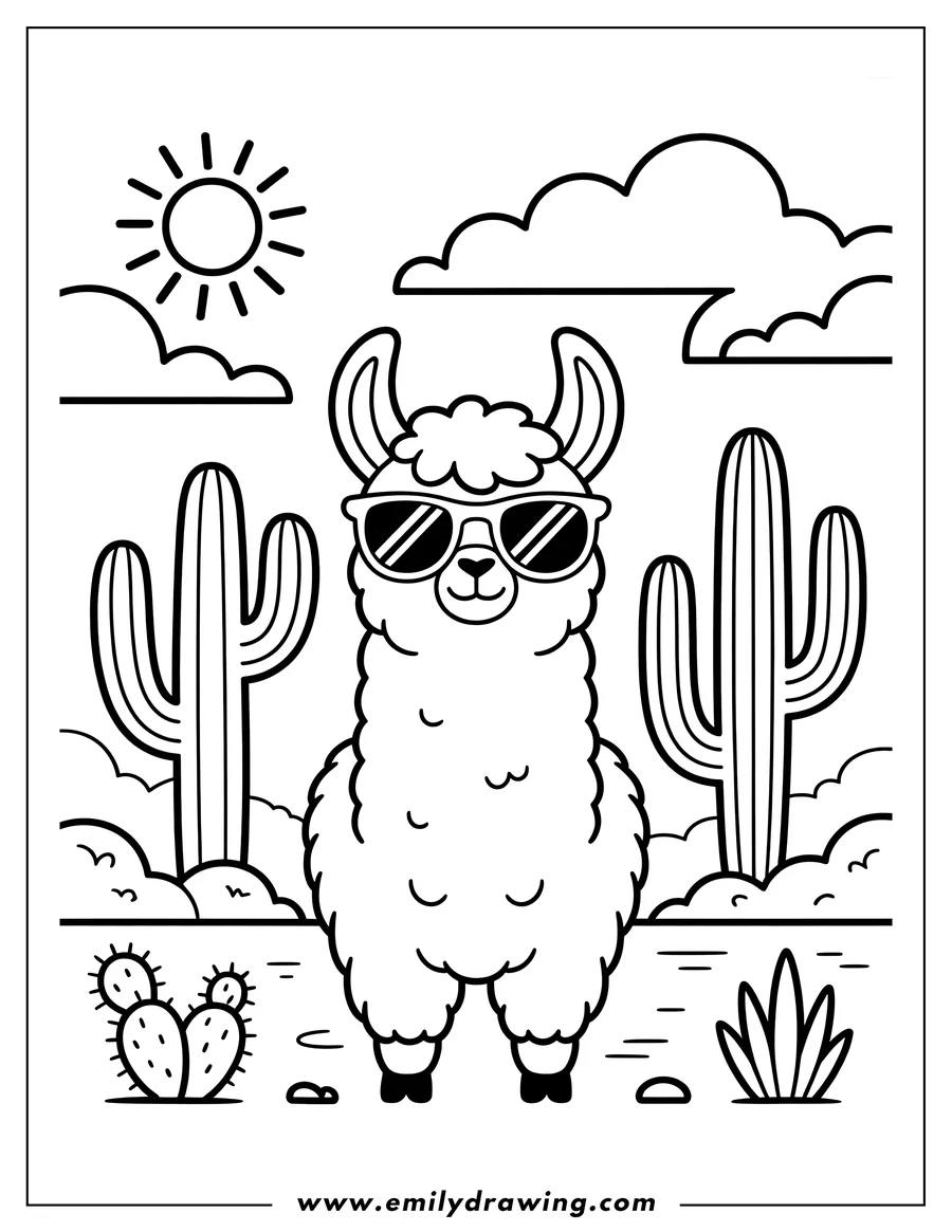 Outline of a llama wearing sunglasses, standing in a desert landscape with cacti, small plants, and a shining sun.