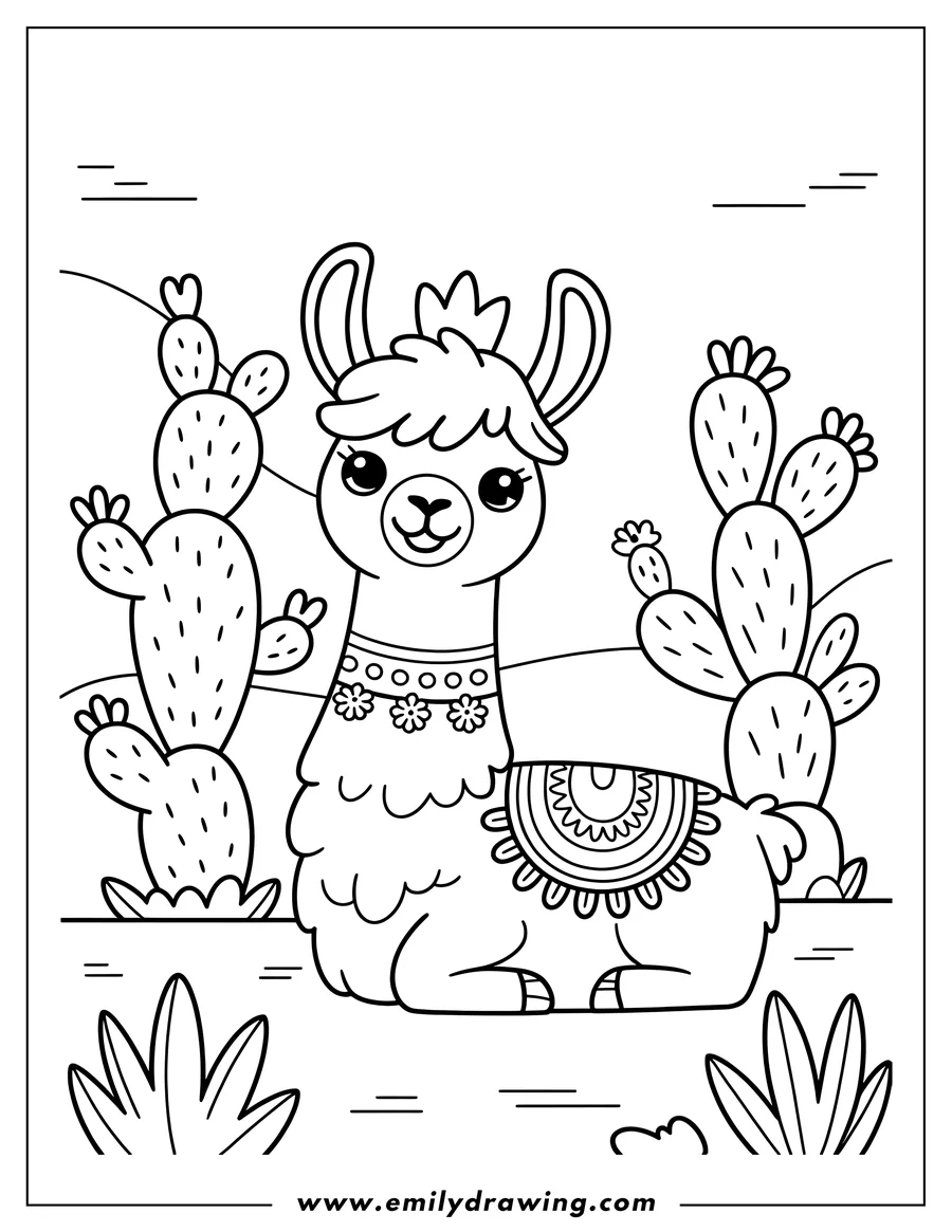 Line art of a llama sitting near cacti. The llama wears a patterned blanket and flower decorations.
