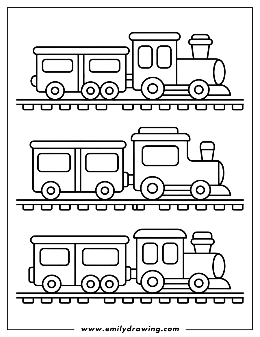 Outline of a locomotive pulling a passenger car along train tracks.