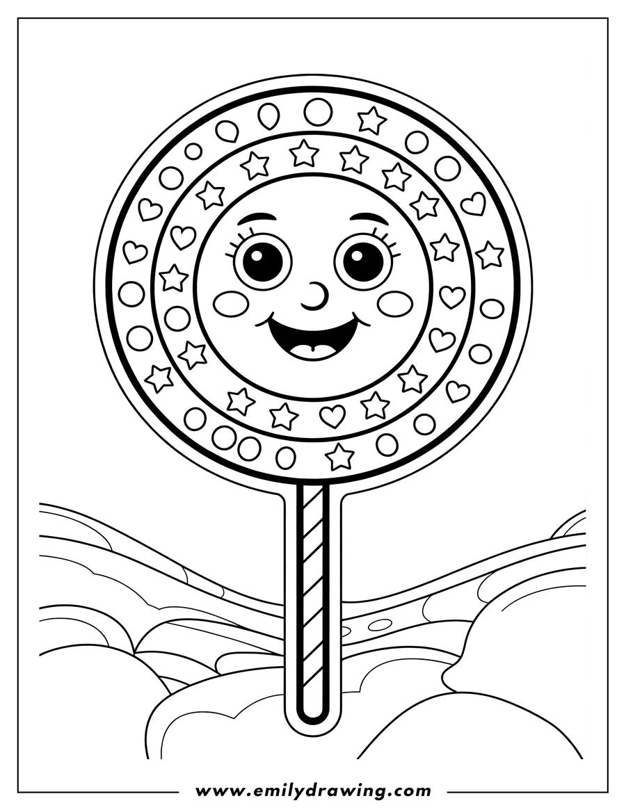 Line art of a smiling lollipop with decorative hearts and stars.