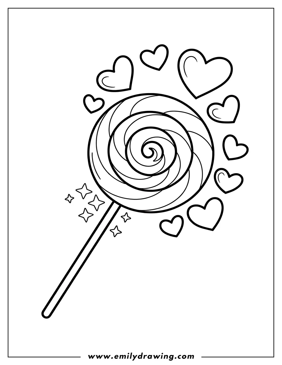 Line art of a lollipop with a swirling pattern, surrounded by small hearts and stars.