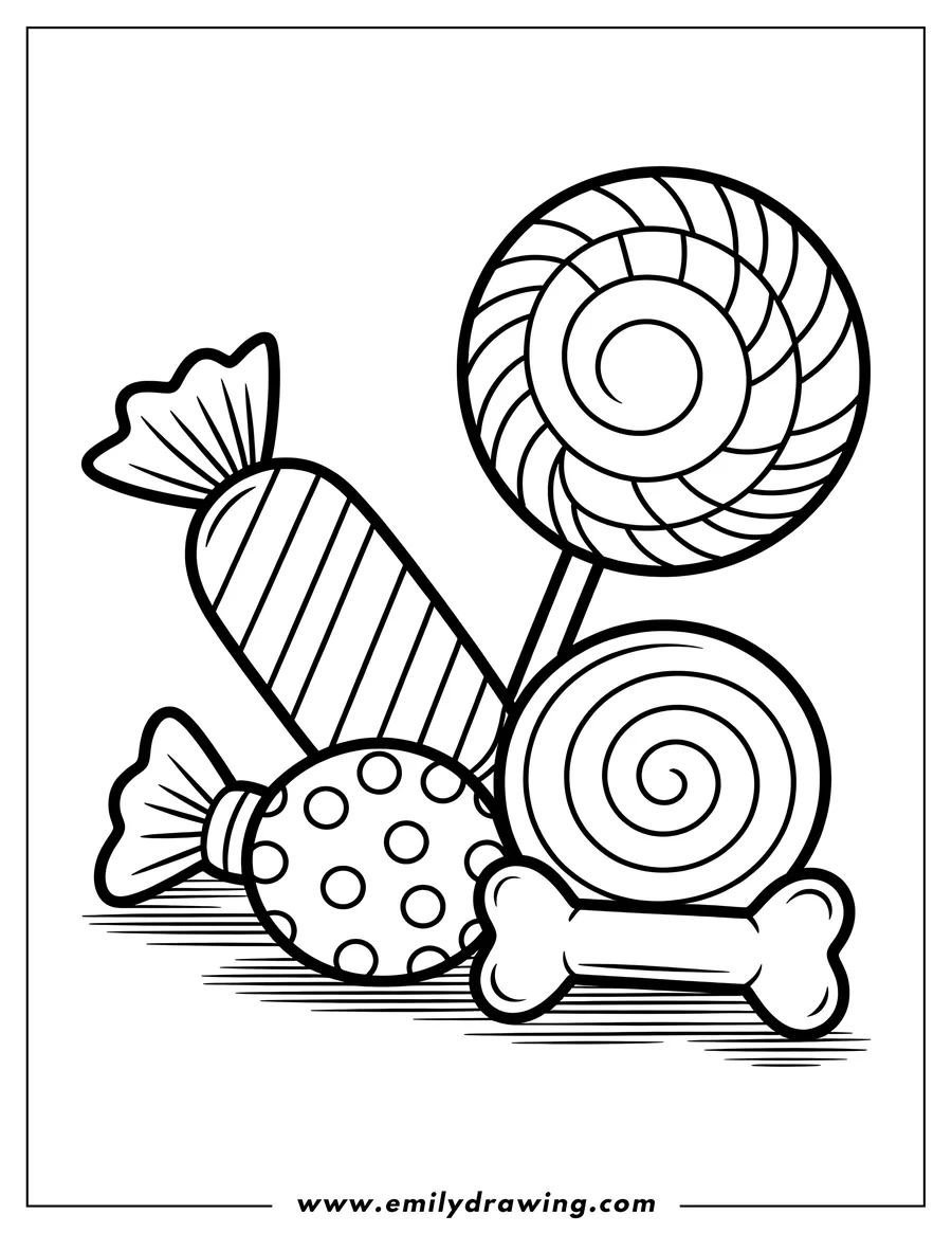 Line art illustration of two lollipops, two wrapped candies, and a dog bone.