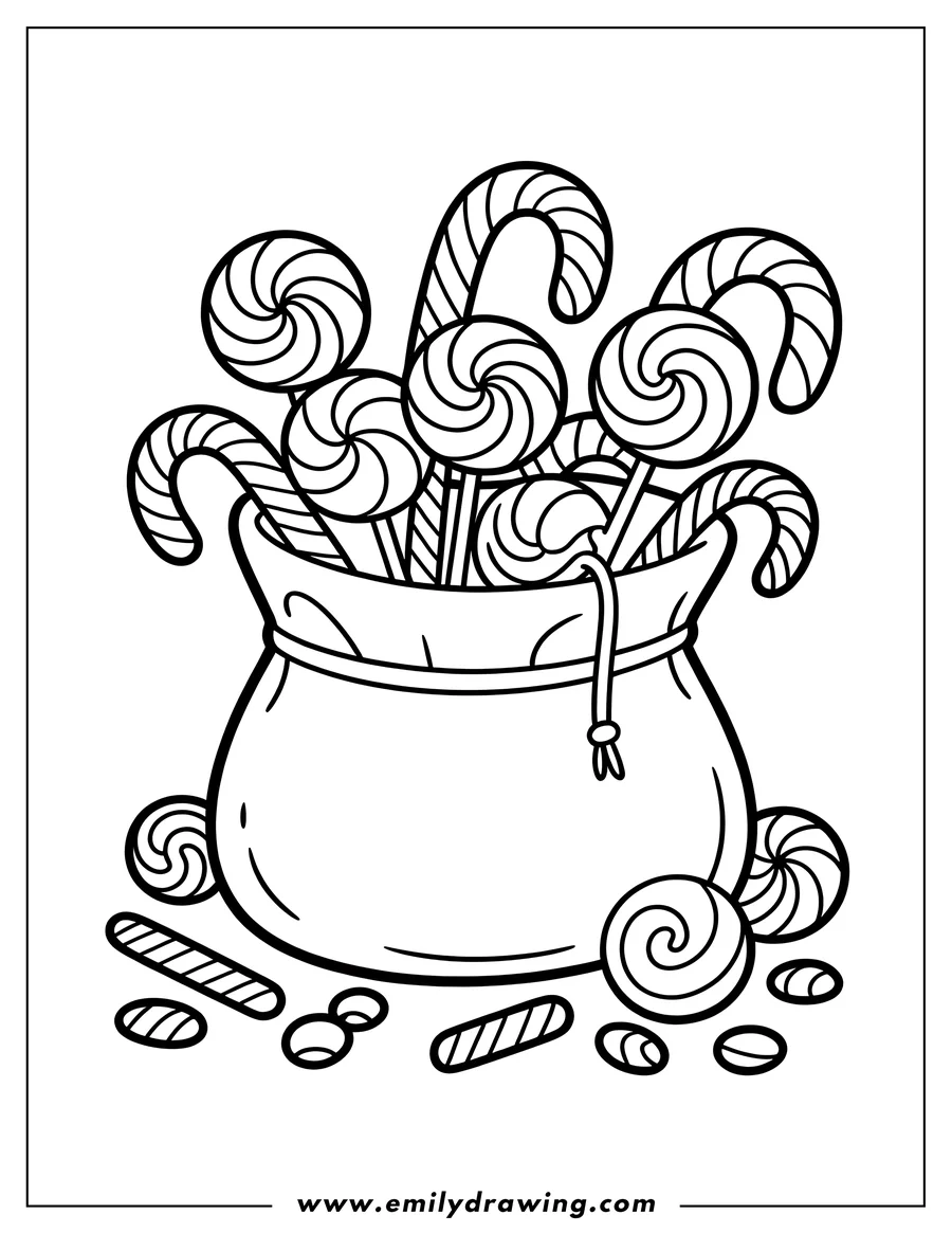 Line art of a bag overflowing with lollipops and candy canes, with additional candies scattered around the base.