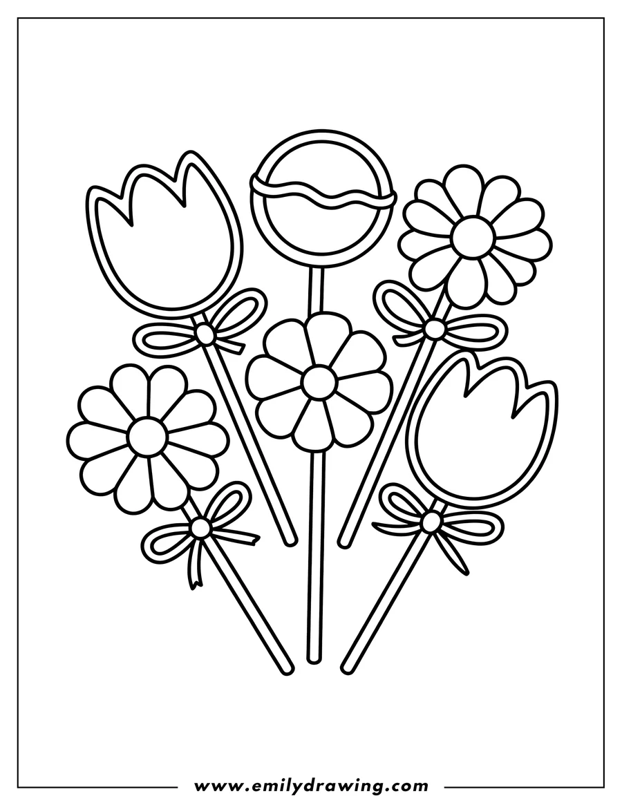 Outline of several lollipops, some round and some shaped like flowers, tied with bows.