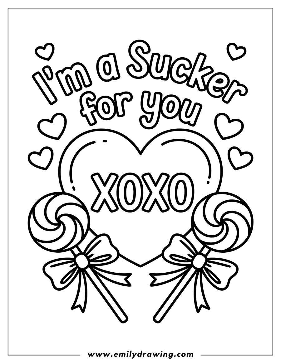 Outline of two lollipops with bows and a heart with XOXO written inside.