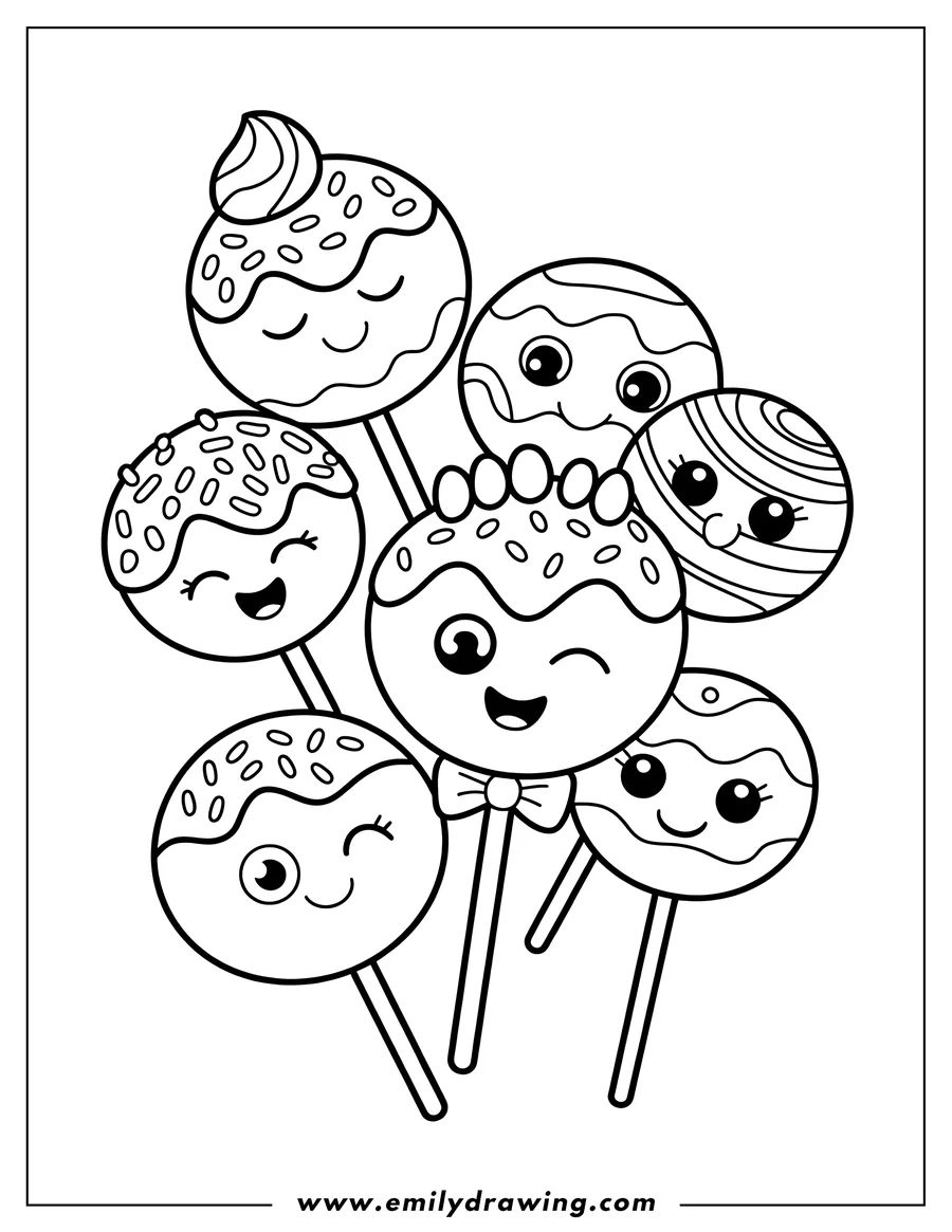 Line art of a group of lollipops with various decorations, each with a cute, smiling face.