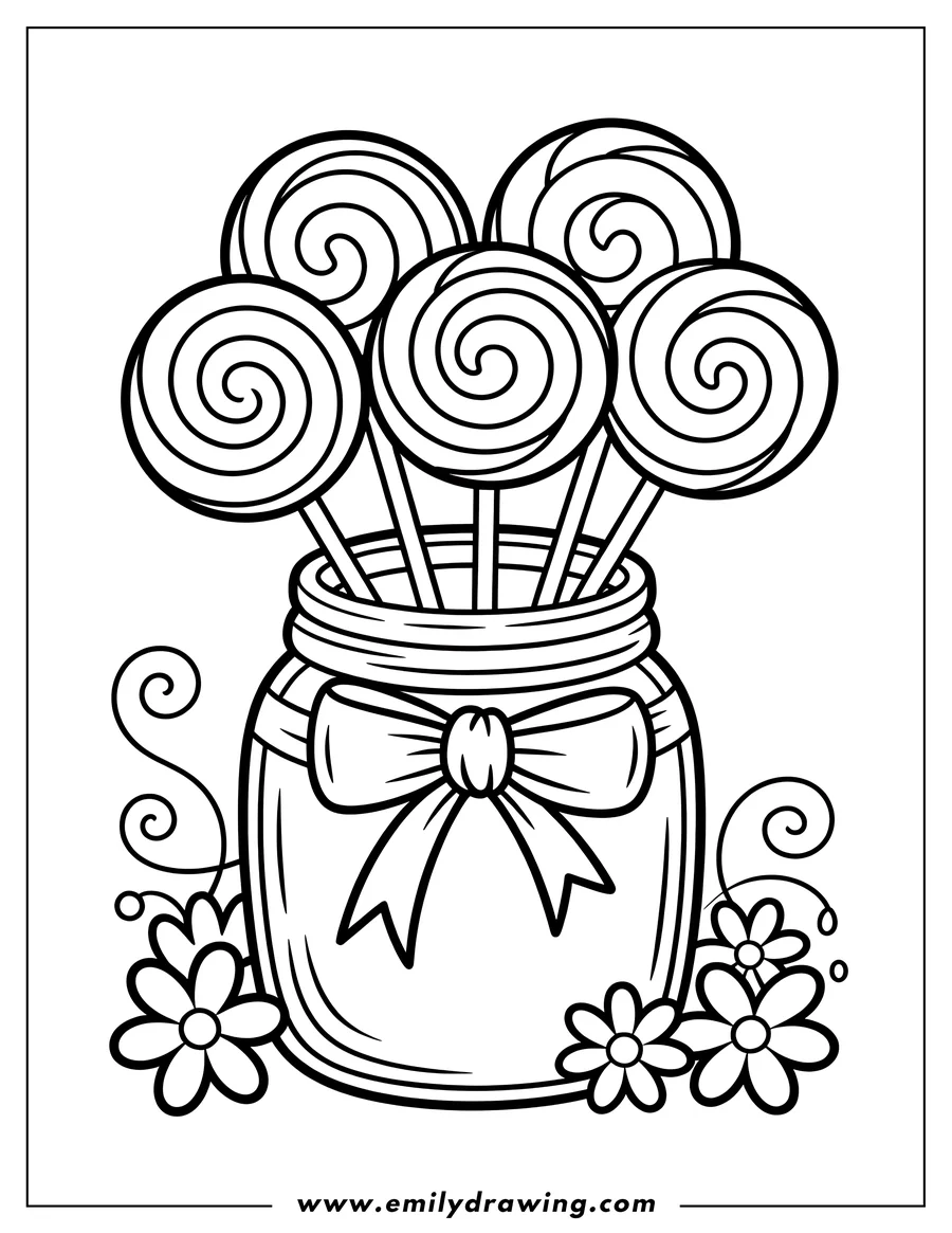 Line art of several lollipops in a jar with a ribbon and flowers.