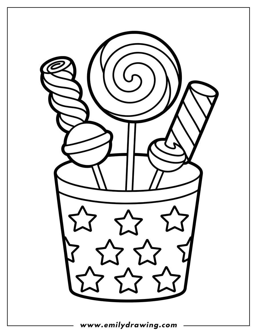 Line art of various lollipops in a cup decorated with stars.