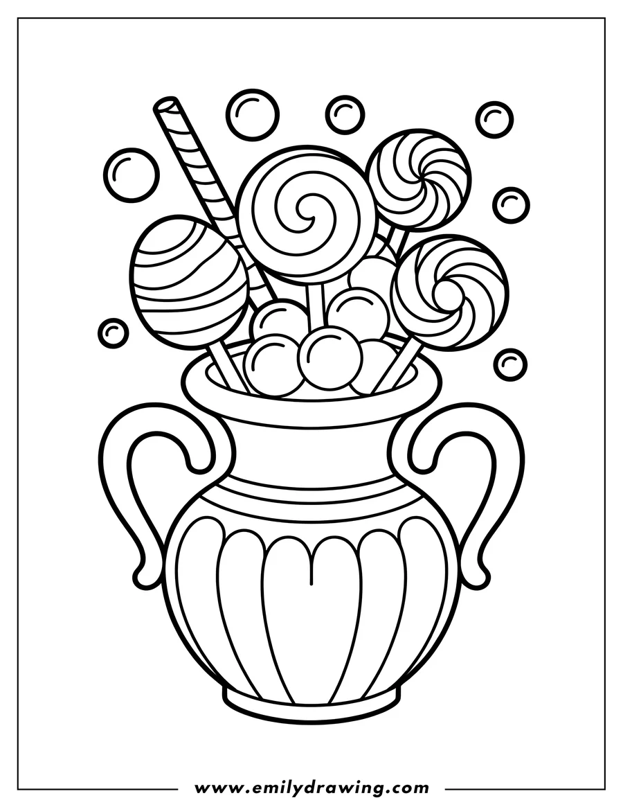 Outline of several lollipops and round candies in a decorative vase.