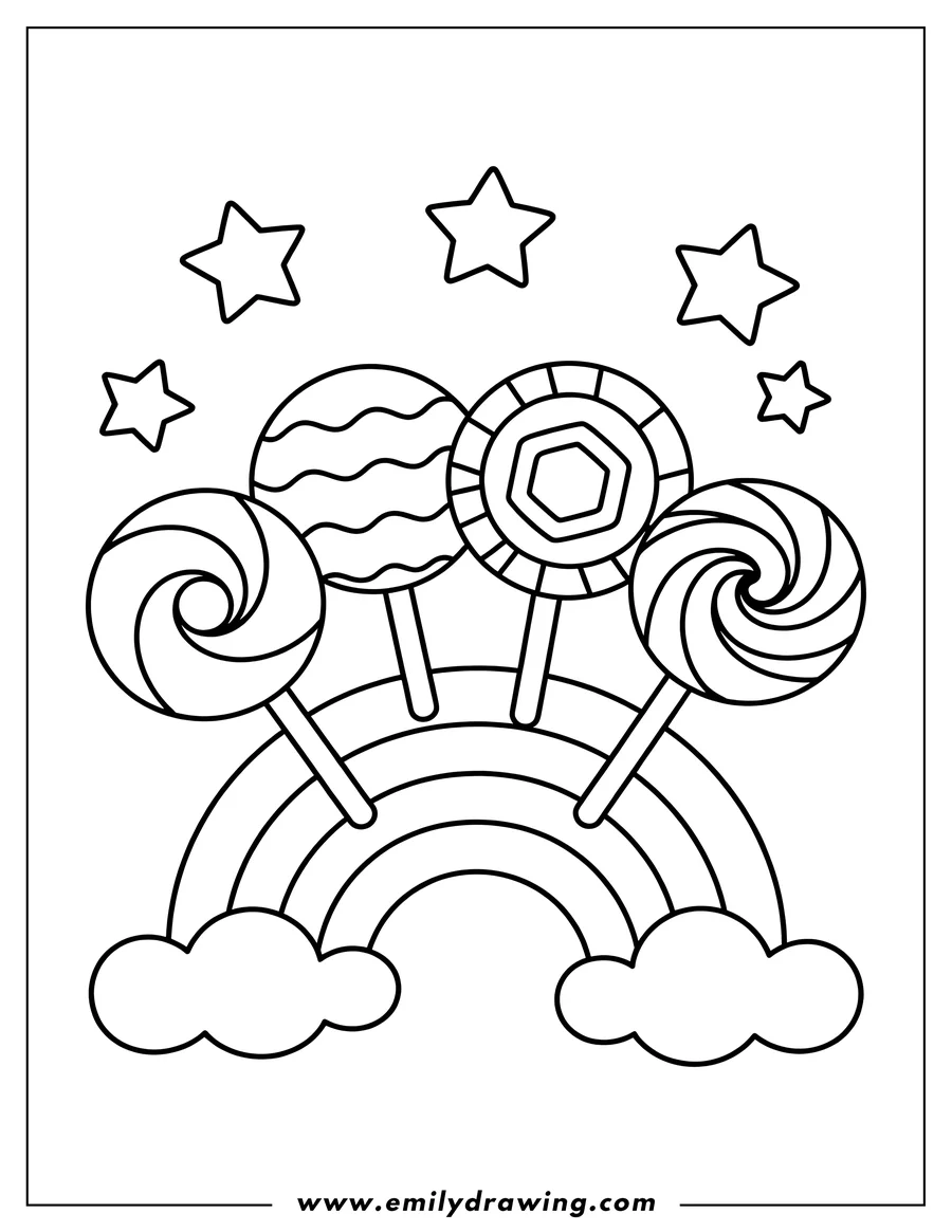Outline of lollipops on a rainbow with stars and clouds.