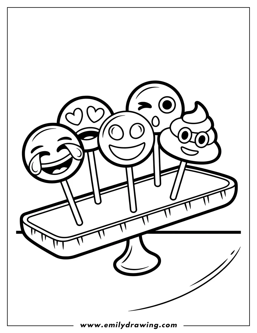Outline of emoji lollipops on a tray. The lollipops have various expressions including winking, hearts, and a poop emoji.