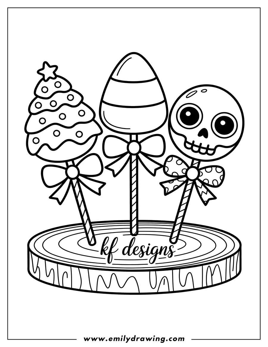 Outline of three lollipops on a wood slice. One lollipop is shaped like a Christmas tree, another like a skull, and the third is a simple swirl. Each lollipop has a bow tied around its stick.