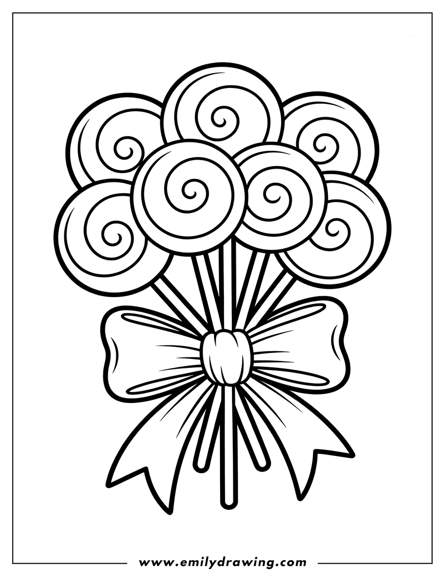 Outline of a group of lollipops tied together with a bow.