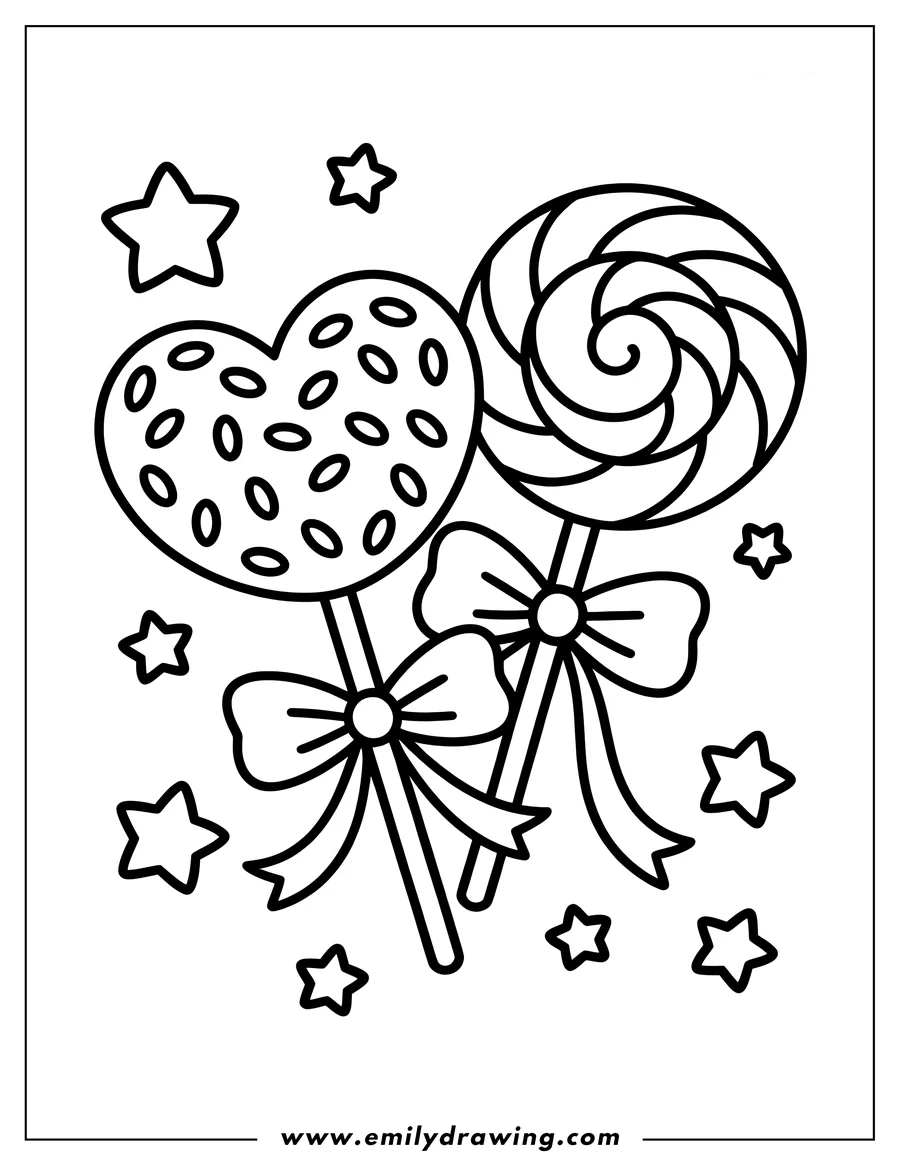 Outline of two lollipops with bows. One lollipop is heart-shaped and the other is a swirl. Both lollipops have bows tied around their sticks and are surrounded by small stars.