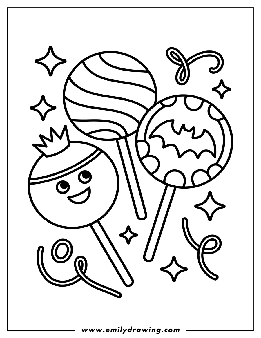 Line art of three lollipops with different decorations, including stripes, a bat, and a crown.  Sparkles and swirling ribbons add a festive touch.
