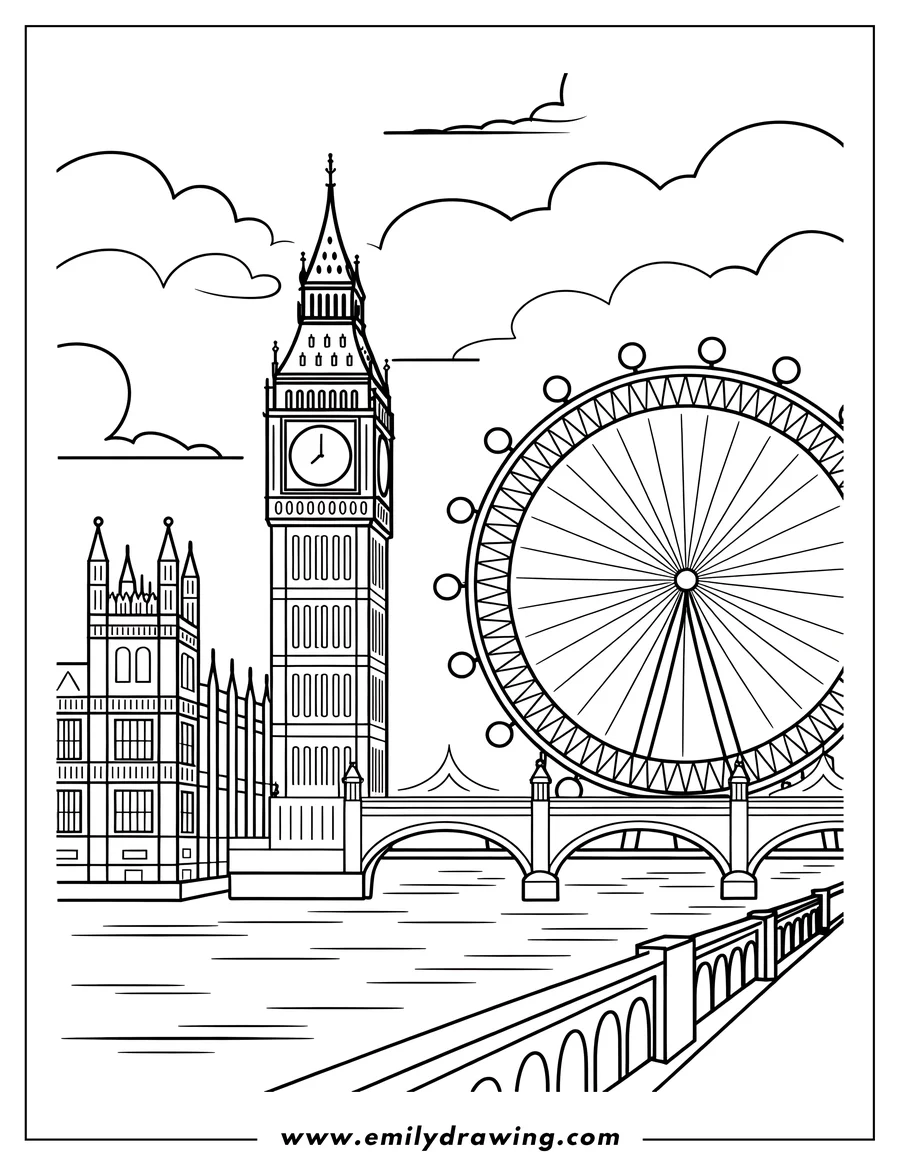 Outline drawing of London's cityscape, featuring Big Ben, the London Eye, and a bridge over the Thames.
