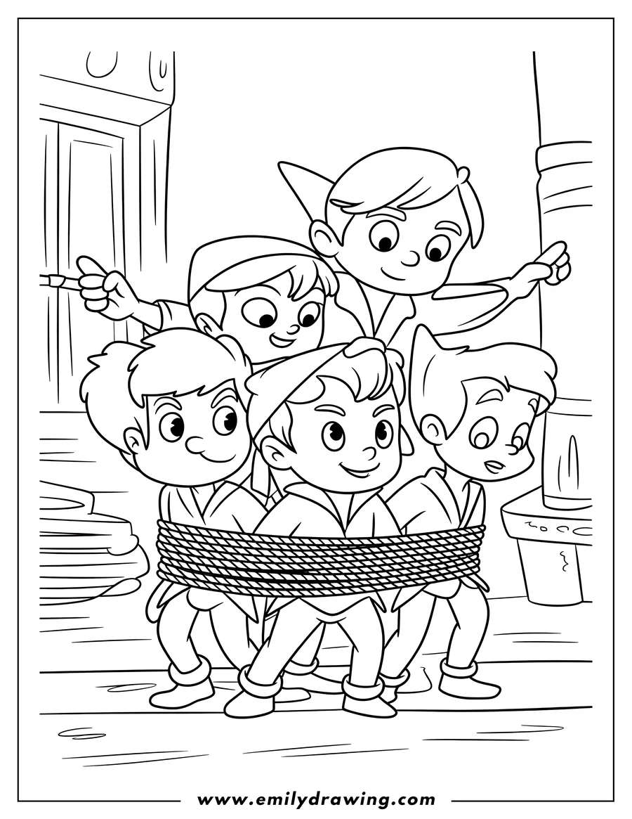 Line art of the Lost Boys tied up with rope, seemingly captured.  One Lost Boy points while another looks surprised.