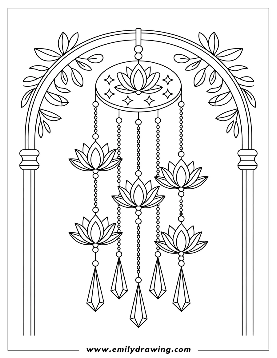Line art of a wind chime with lotus flowers, crystals, and beads hanging from an arch decorated with leaves.