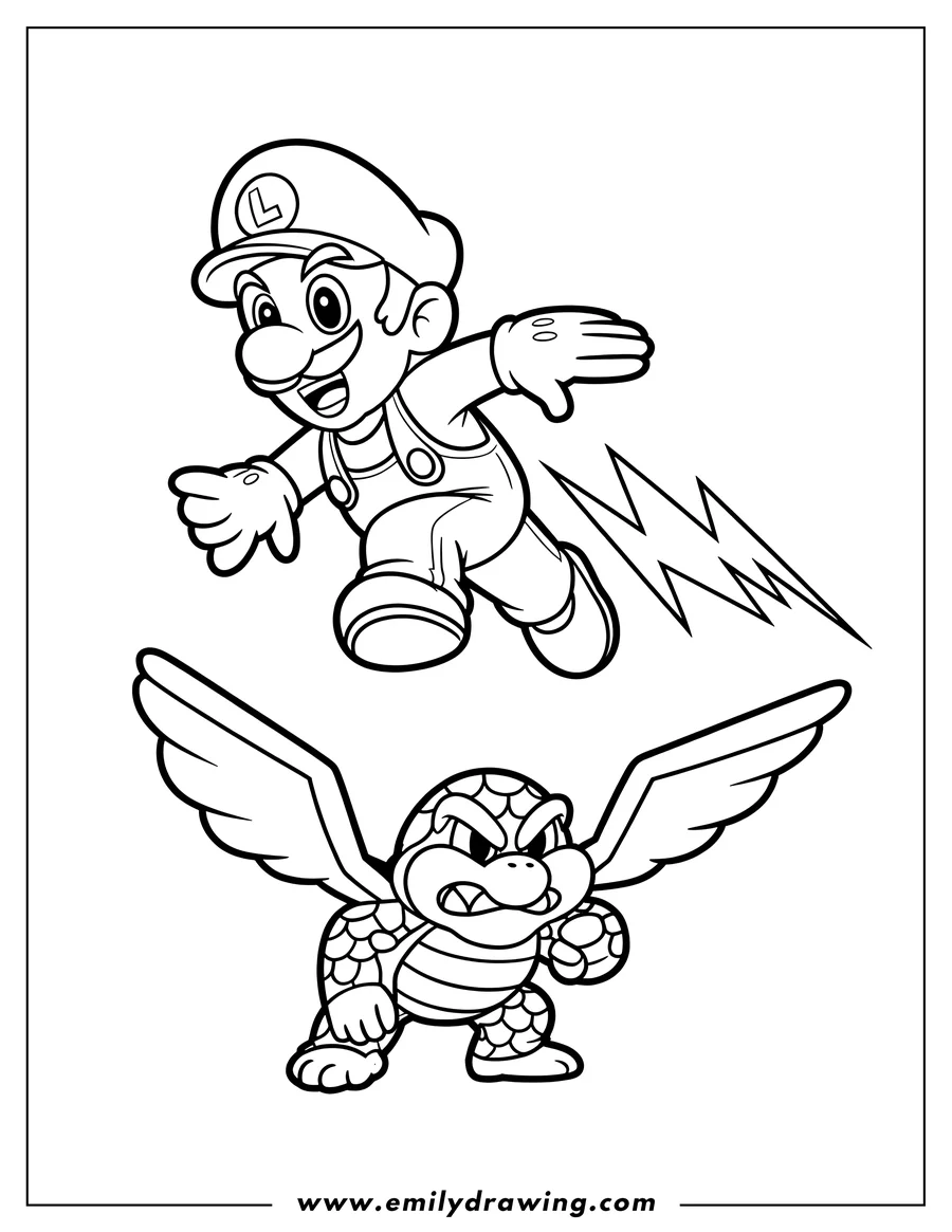 Line art of Luigi jumping and Koopa Paratroopa flying, ready for a battle.