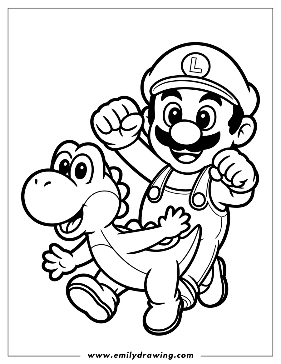 Line art of Luigi and Yoshi running. Luigi, wearing his signature green overalls and hat with an 'L', runs with his fists clenched. Yoshi, the green dinosaur, runs alongside him.