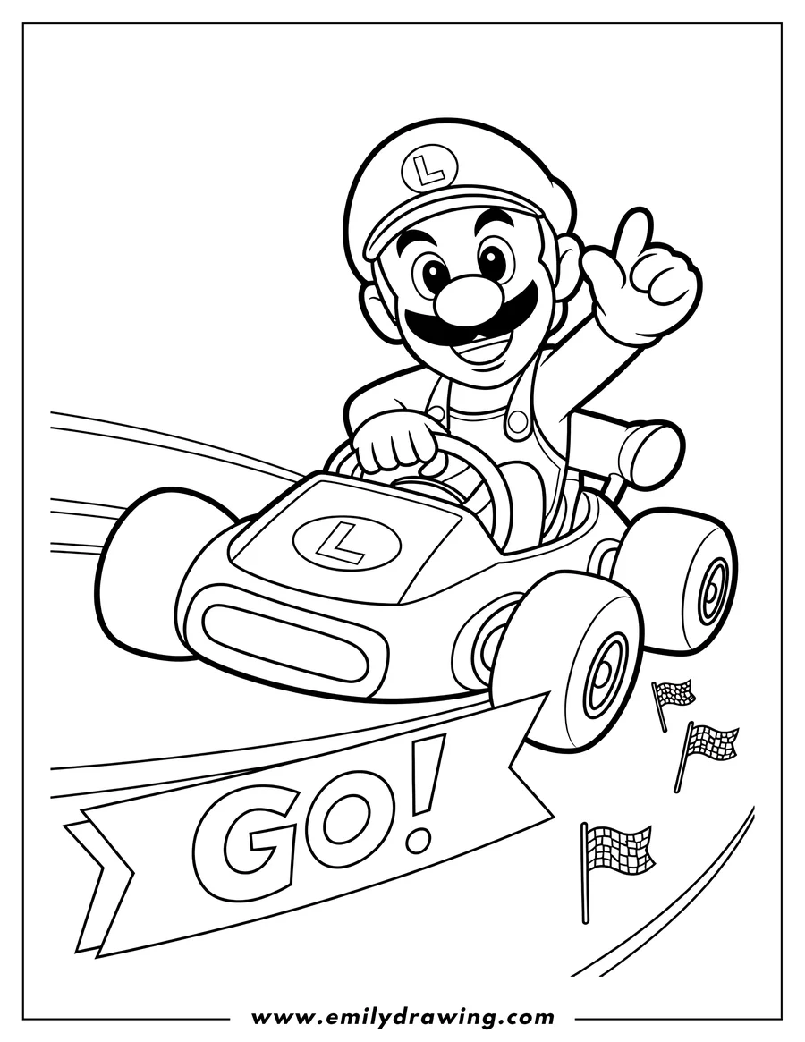 Line art of Luigi in a kart, giving a thumbs up as he races on a track with checkered flags.