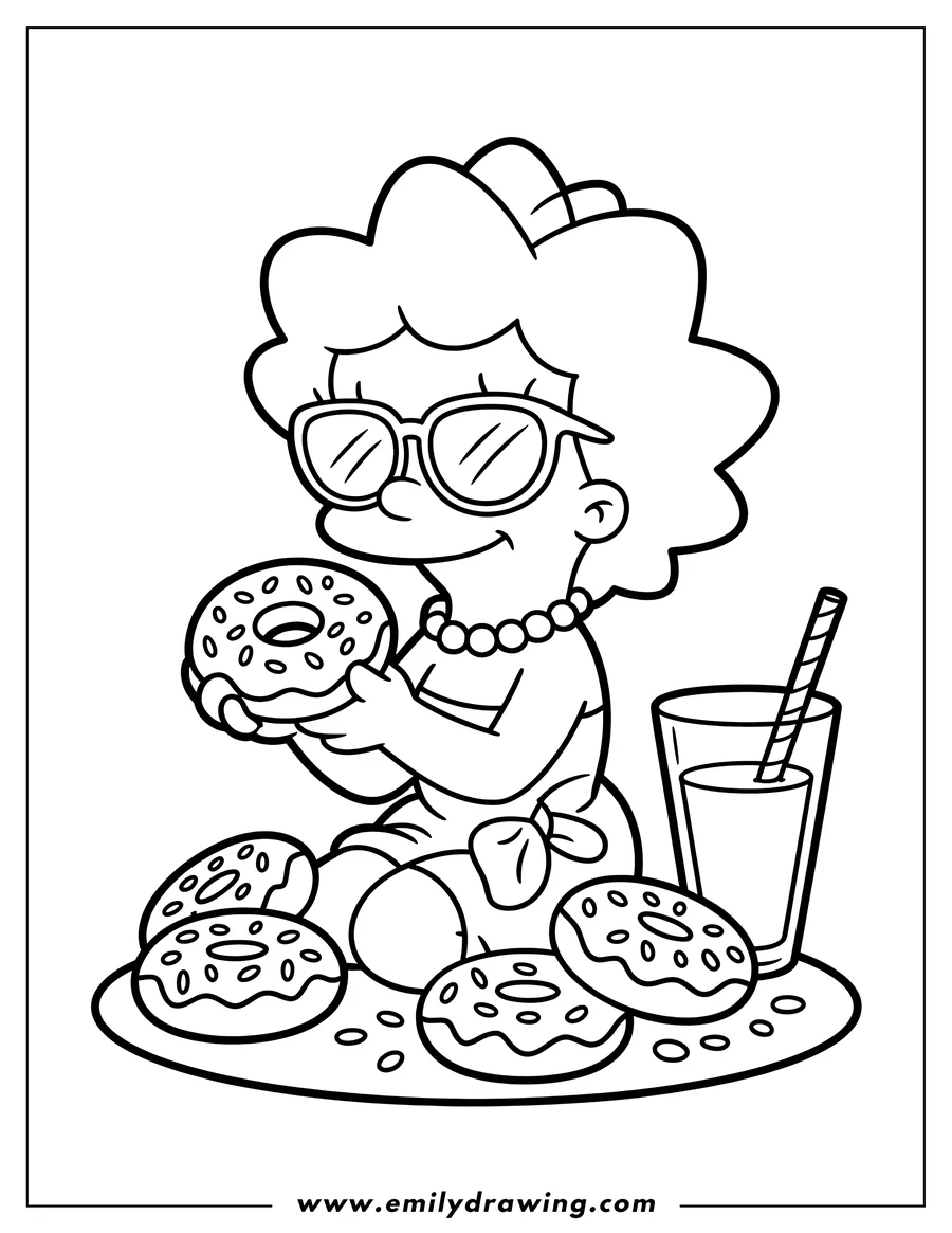 Outline of Maggie Simpson with sunglasses, sitting with a plate of donuts and a glass of juice.
