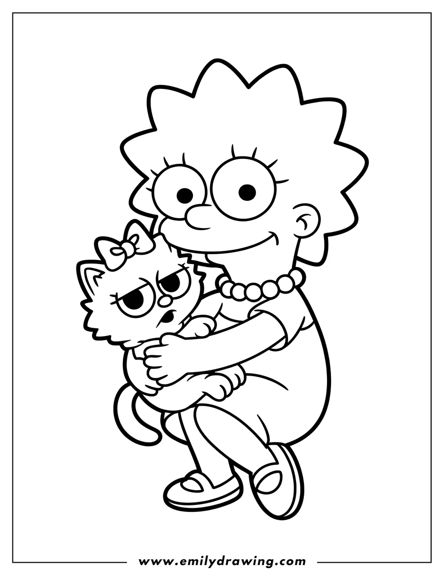 Line art of Maggie Simpson holding a grumpy cat