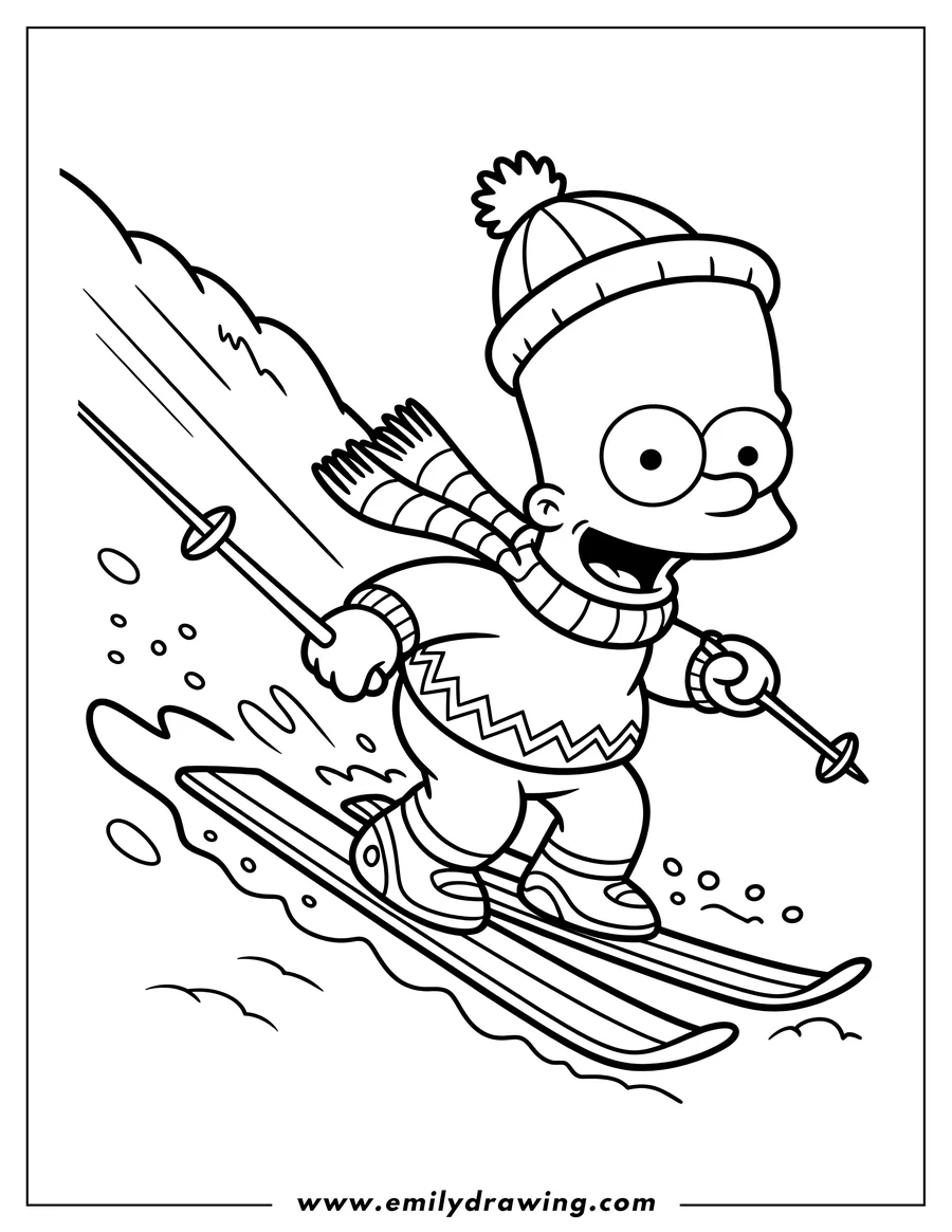 Outline of Maggie Simpson skiing down a snowy slope. She's wearing a winter hat, scarf, and sweater.