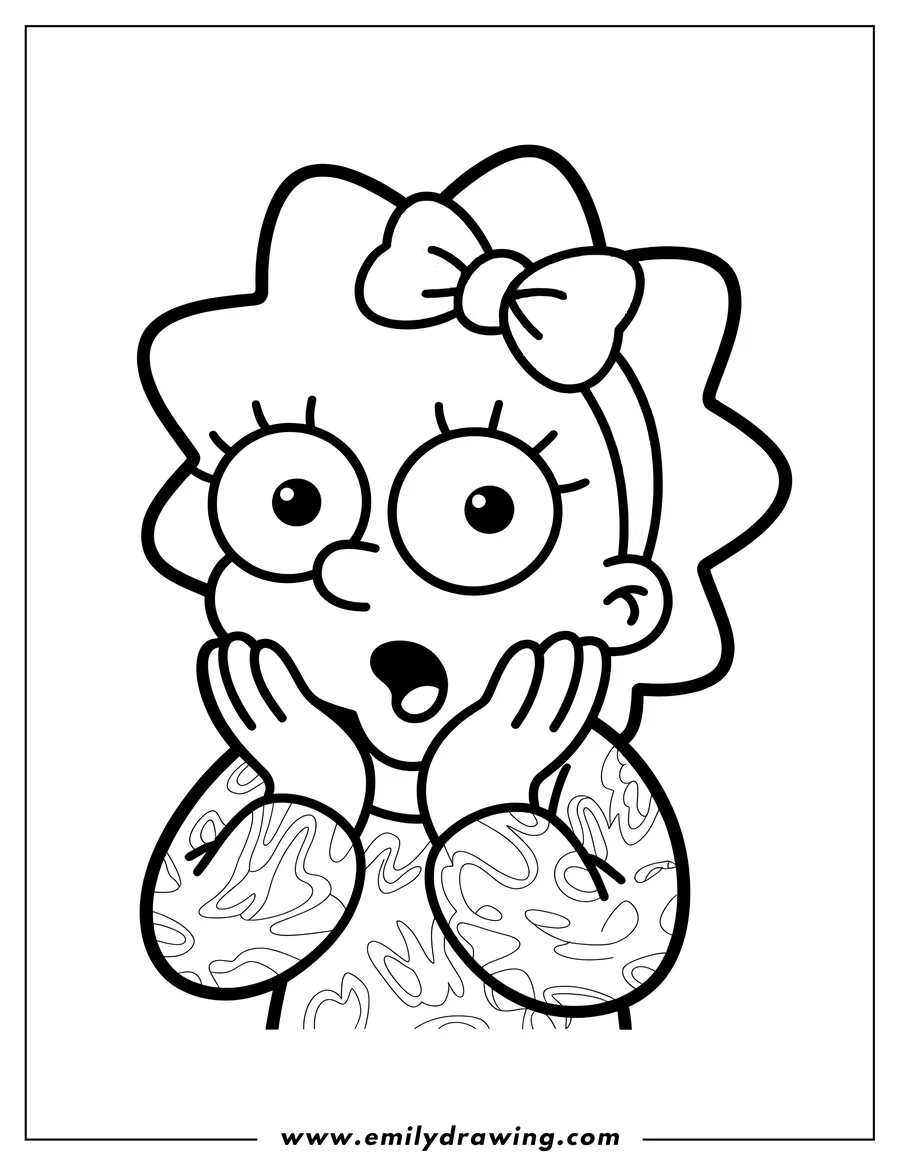 Line art of Maggie Simpson with a surprised expression, hands on her cheeks, and wide eyes.