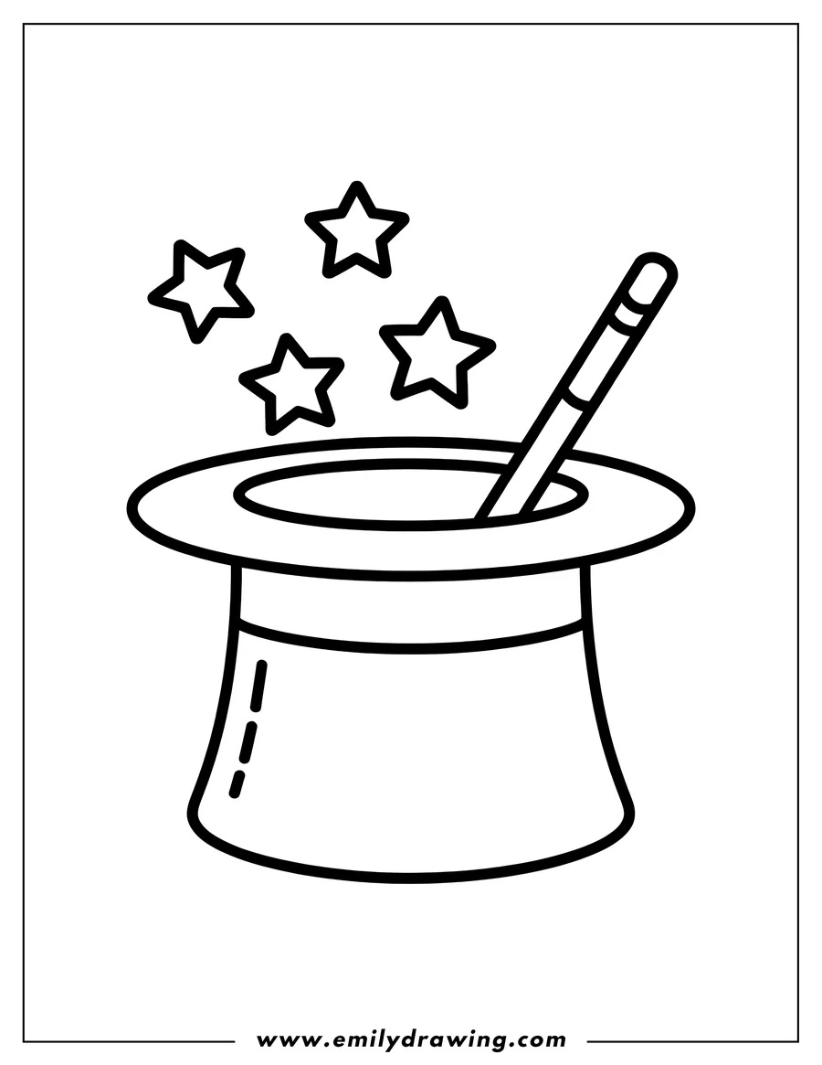 Line art of a magician's hat with a wand inside and stars floating above it.