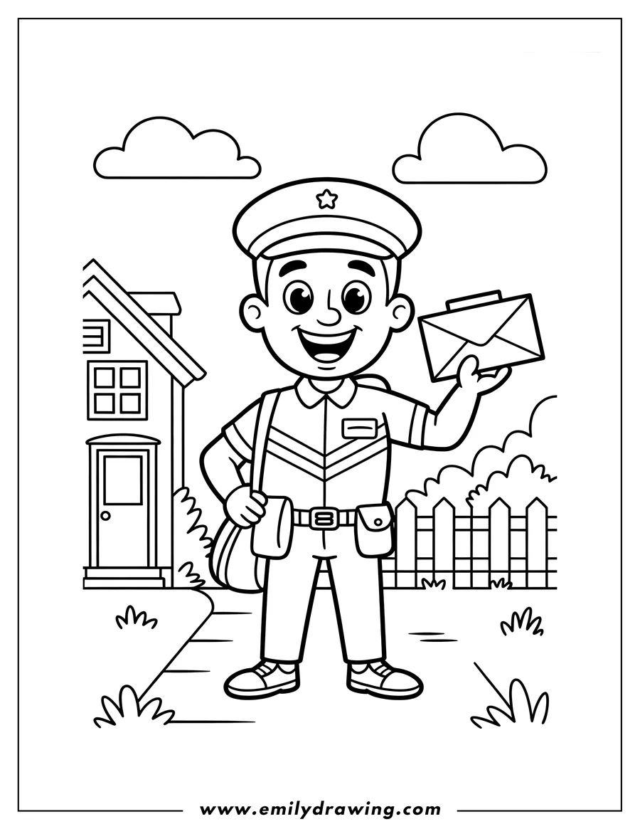 Line art of a friendly mail carrier holding an envelope, standing near a house with a fence and bushes.