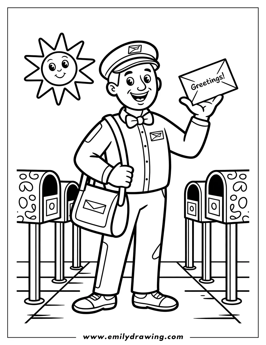 Outline of a smiling mailman holding a letter that says 'Greetings!' He's wearing a uniform and hat and has a mailbag over his shoulder. Several mailboxes are visible in the background.