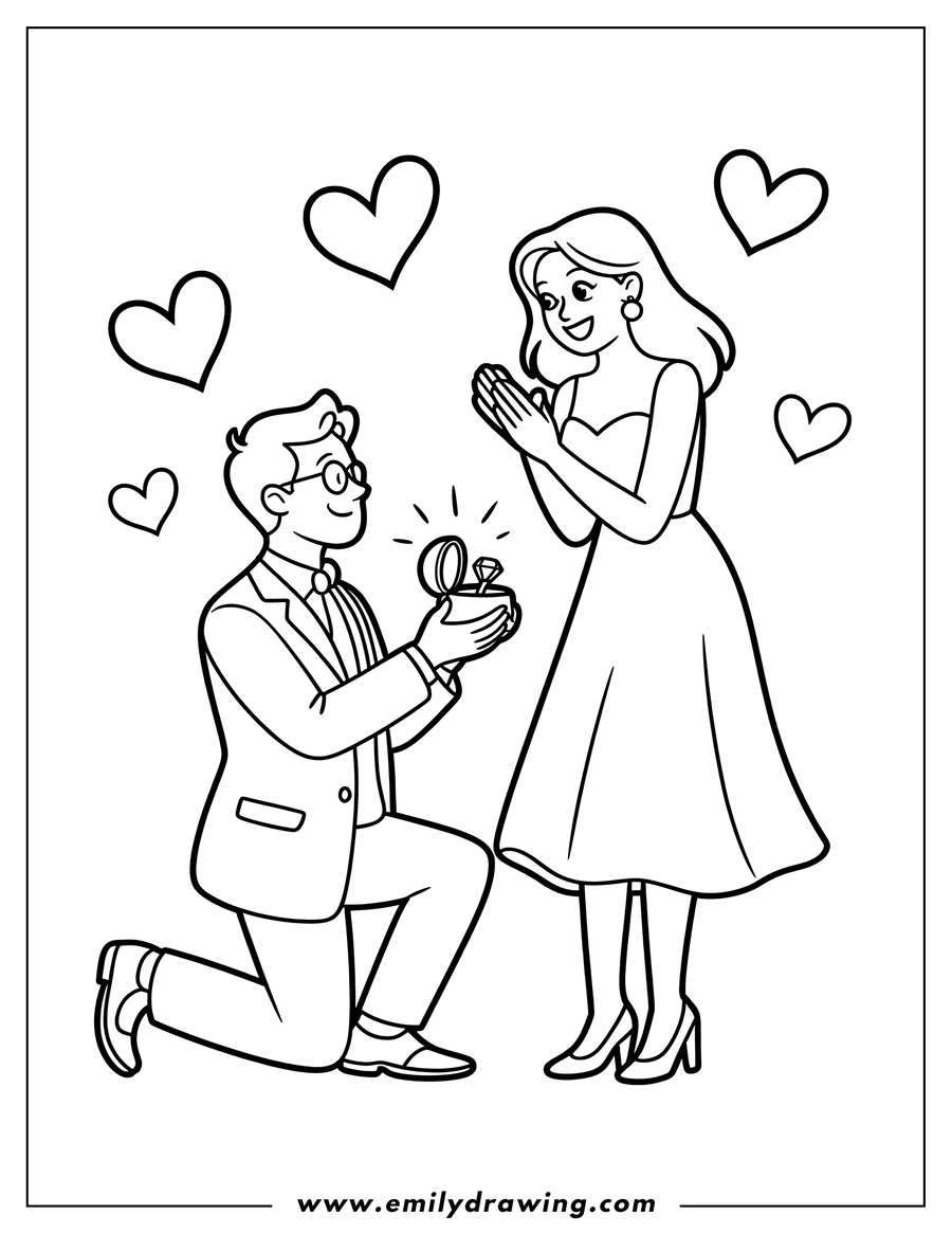 Line art of a man kneeling and proposing to a woman with a ring. Hearts float around them.