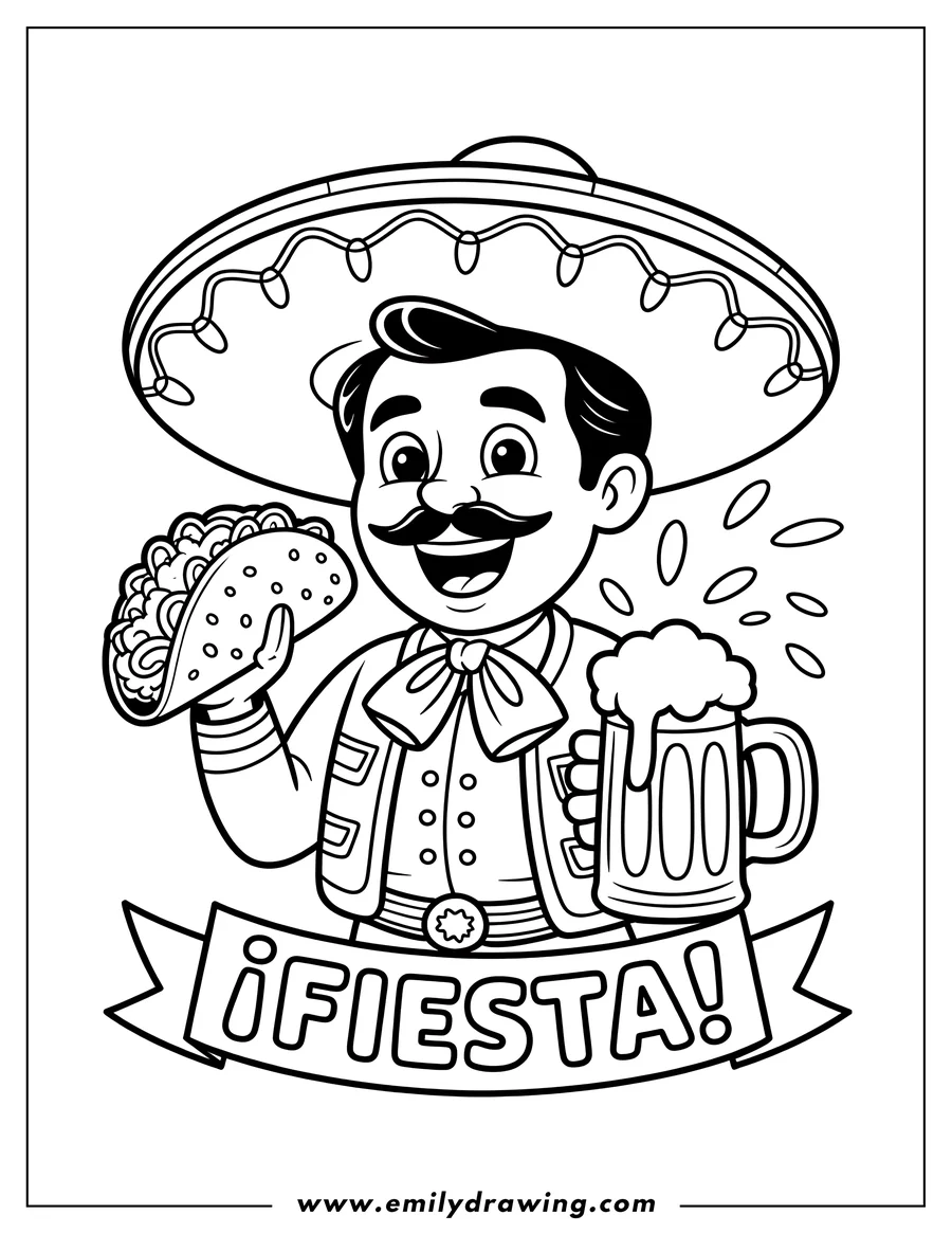 Line art of a man wearing a sombrero, holding a taco and a beer, with a 'Fiesta' banner.