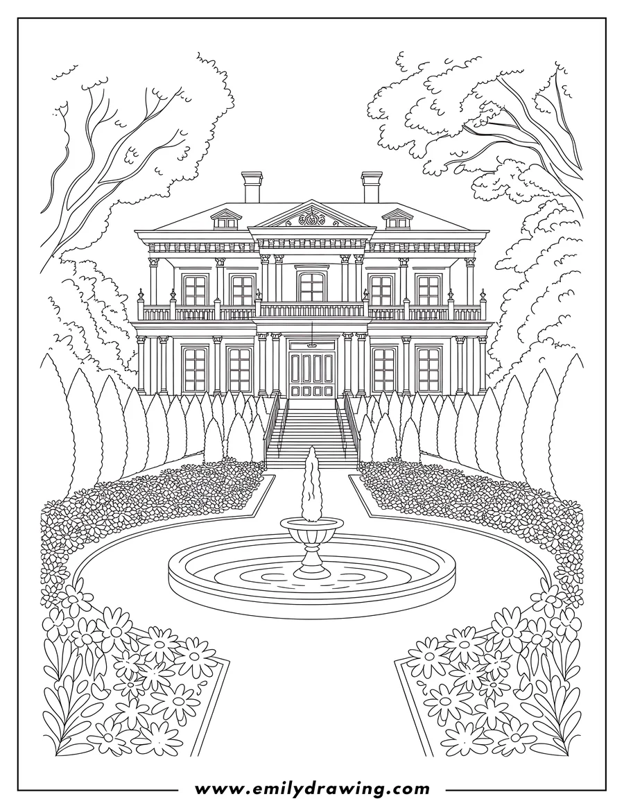 Outline of a grand mansion with a fountain in the front yard, surrounded by trees and flowerbeds.