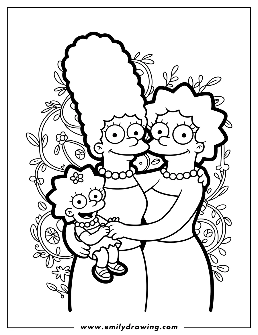 Line art of Marge Simpson holding baby Maggie, with Patty and Selma standing alongside.