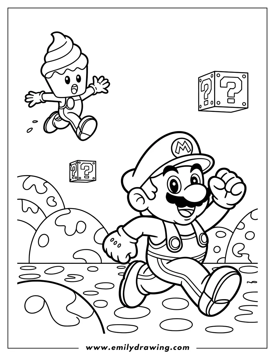 Outline of Mario and a cupcake running in a whimsical landscape with question mark boxes.