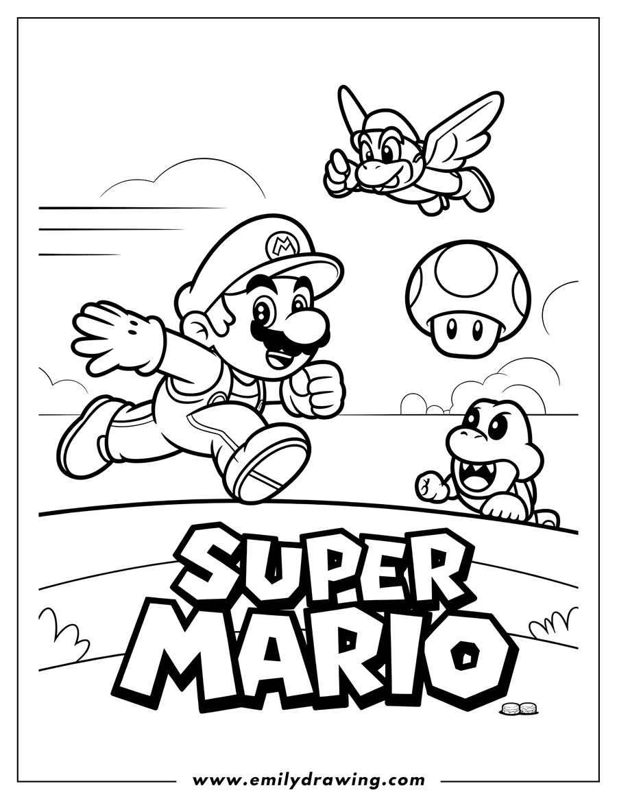Line art of Mario and Koopa Troopa running, with a flying Koopa Paratroopa and a Super Mushroom.