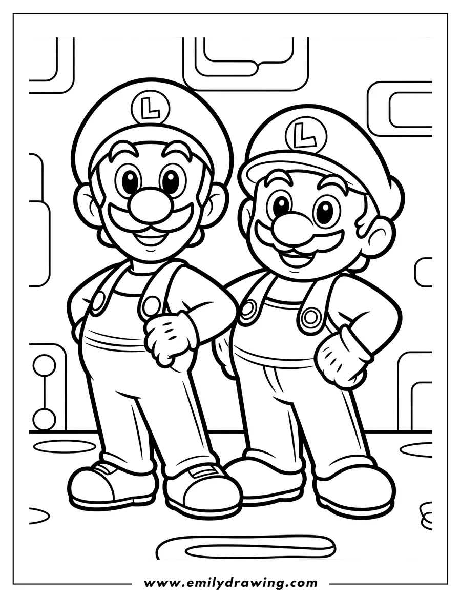 Line art of Mario and Luigi standing side by side in an arcade setting.