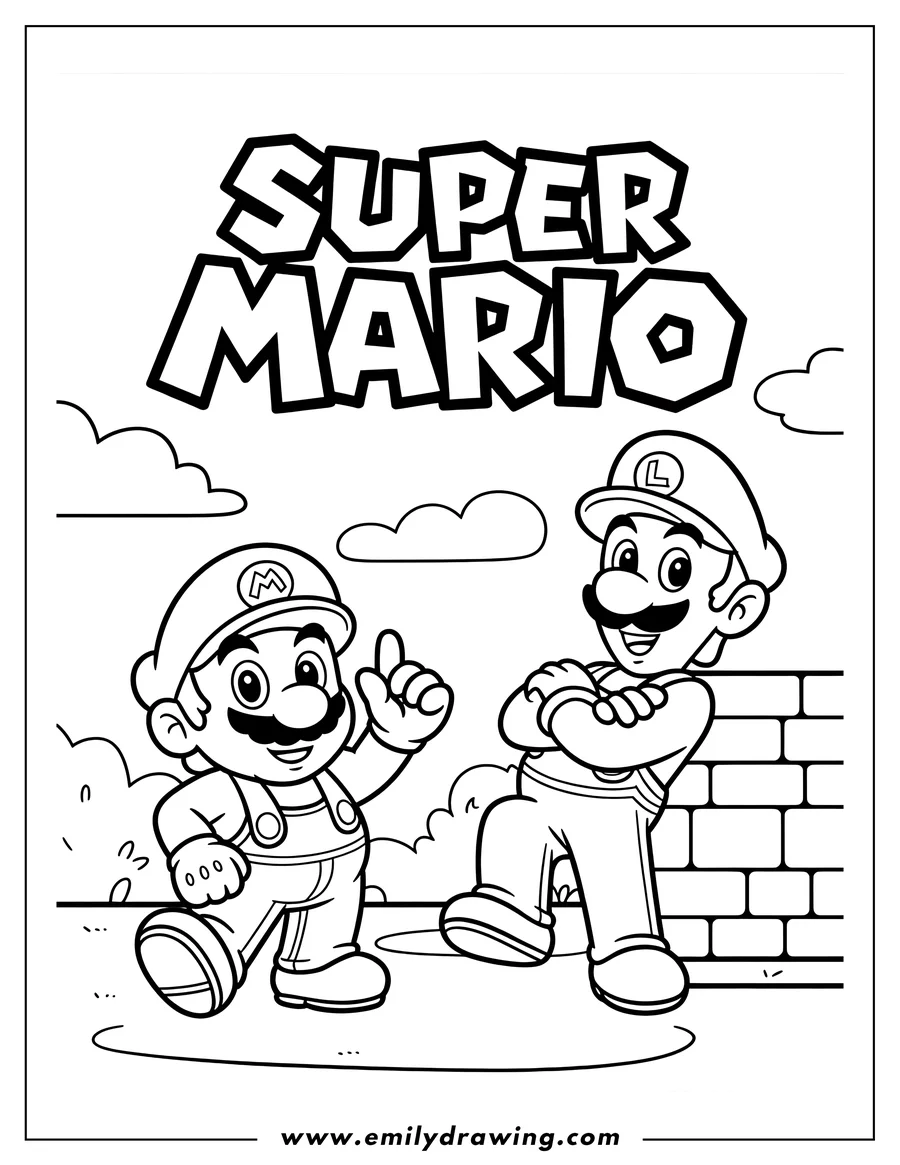 Line art of Mario and Luigi from Super Mario Bros. standing near a brick wall, ready to be colored.