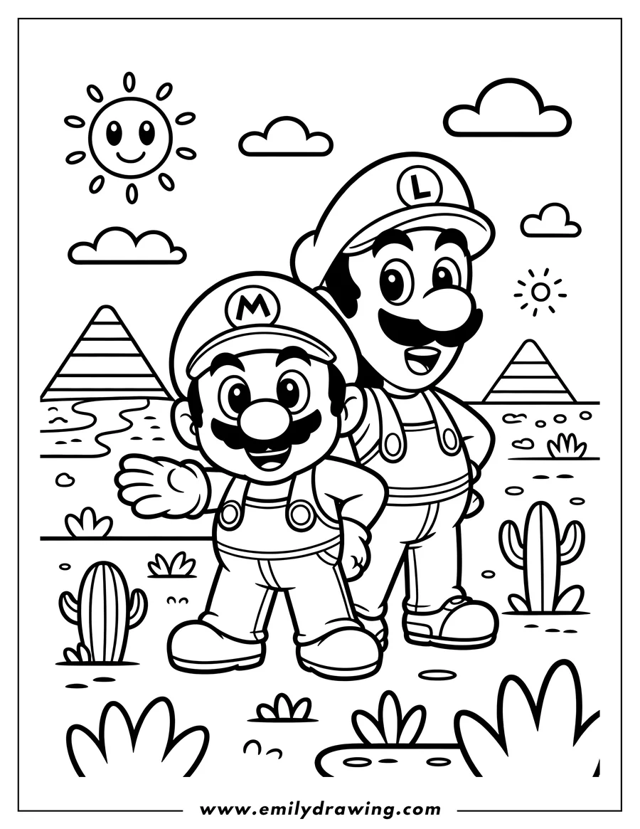 Line art of Mario and Luigi standing in a desert landscape with pyramids, cacti, and a smiling sun.